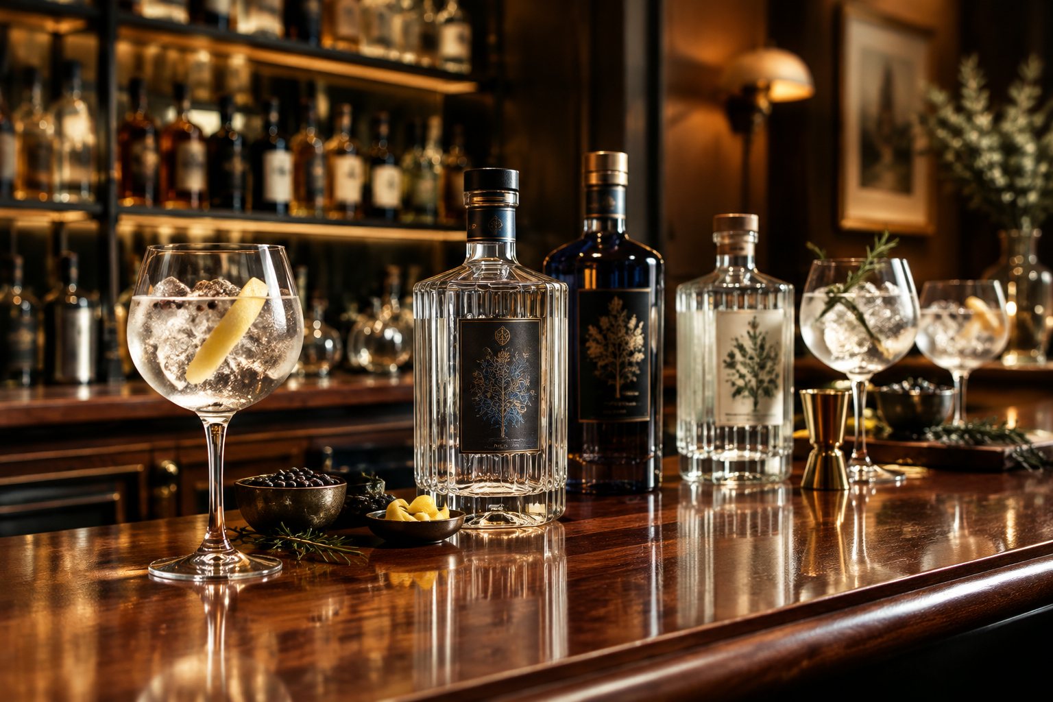 Gin bottles and a gin and tonic on the bar counter