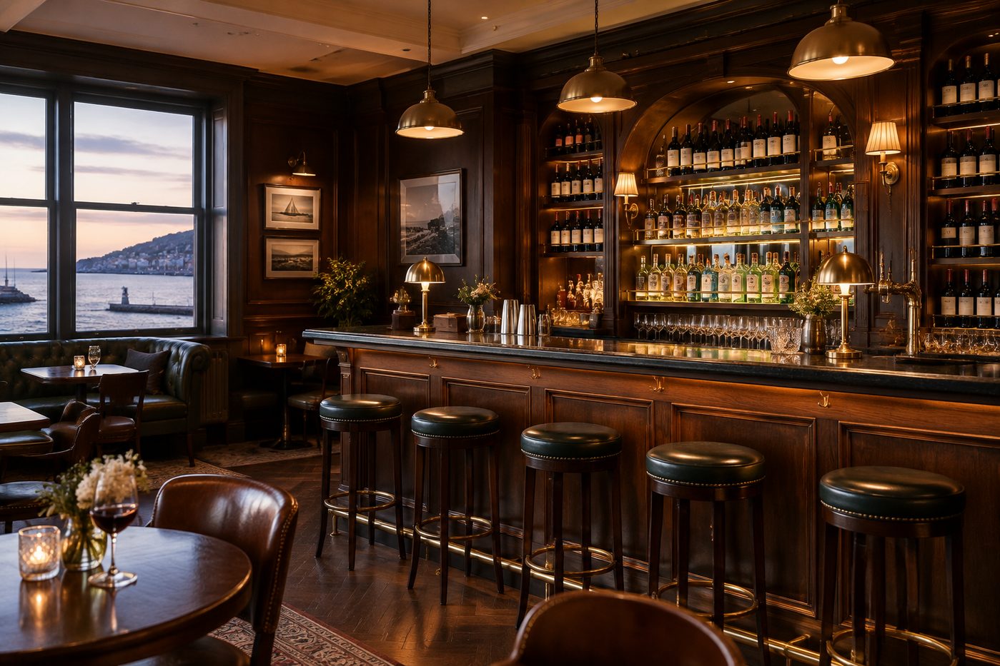 The bar at 17 Duke Street — dark wood, brass lamps and a shelf of bottles