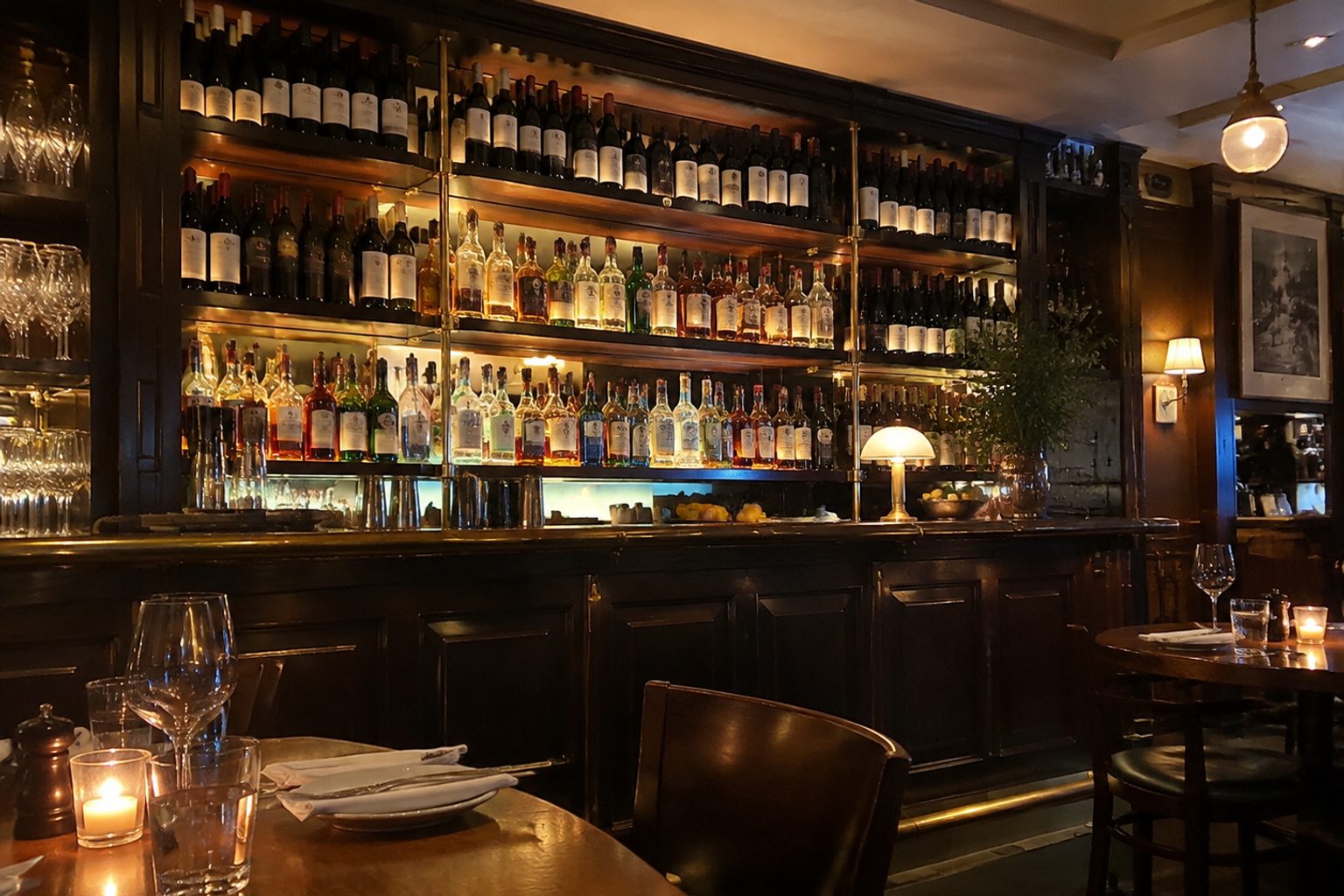 The back bar — dark wood shelves lined with bottles
