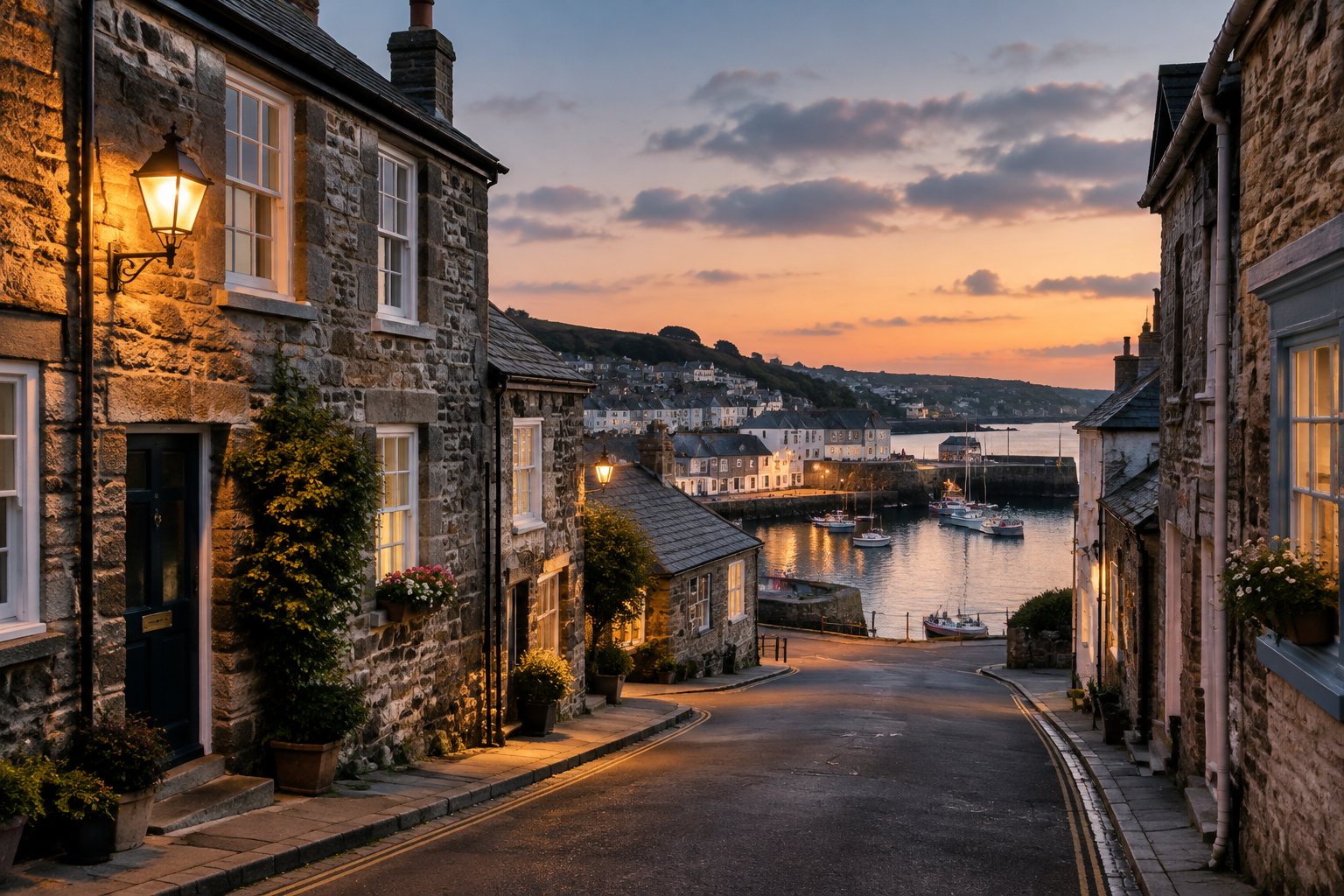 A Padstow street at dusk leading down to the harbour